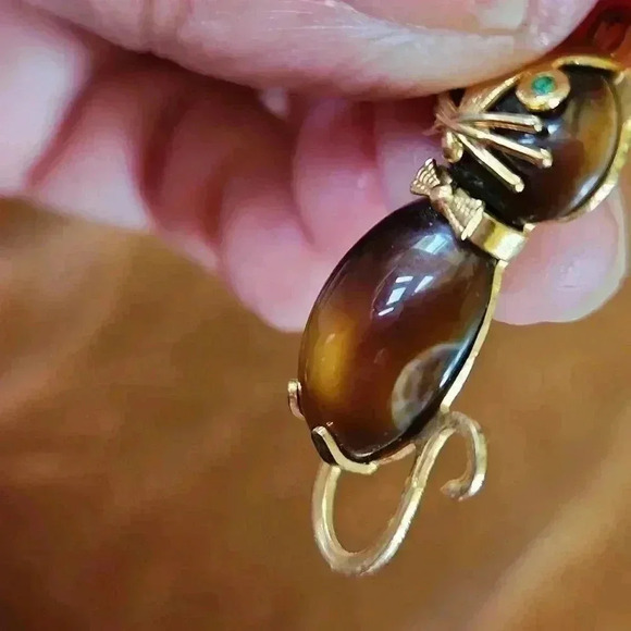 Vtg Hobco Tiger Eye Quartz Cat Charm Necklace Pendant - Picture 9 of 14